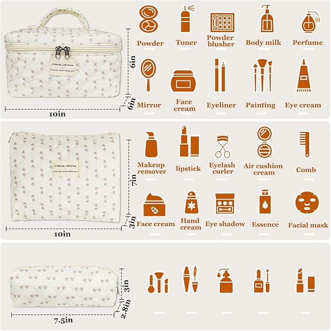 Gosect Quilted Makeup Bag, Large Floral Cosmetic Bag for Women, Cute Cotton Makeup Bag, Flower Travel Toiletry Organizer Bag (Flower)
