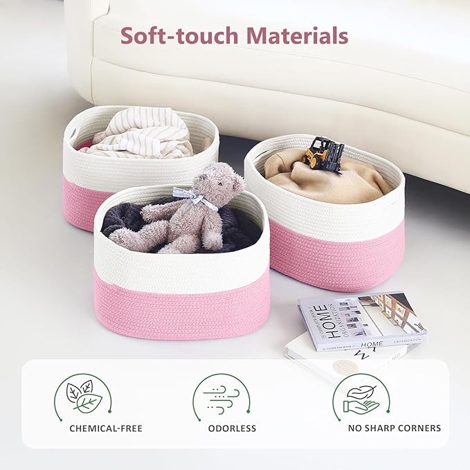 ECDYQXVU Cotton Rope Shelf Storage Basket, 15x10x9 in, Shelf Storage Baskets for Clothes, Towels, Books, Laundry (White/Pink, 2 Pack)