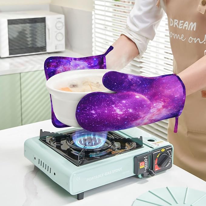 Galaxy Oven Mitts and Pot Holders Set Silicone Heat Resistant Galaxy Star and Nebula Kitchen Gloves Set Nebula Kitchen Mittens Pot Holders for BBQ Cooking Baking Grilling