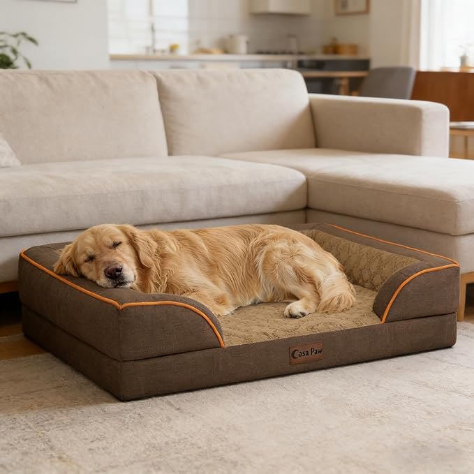 Casa Paw Orthopedic Dog Beds for Large Sized Dogs, Waterproof Memory Foam Large Pet Bed with Sides 36x27Inch, Non-Slip and Egg-Crate Foam Big Dog Couch Bed with Removable Washable Cover, Brown