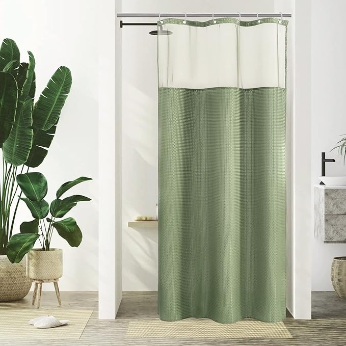 Gibelle Small Stall Shower Curtain 36 x 72, Narrow Half Waffle Weave Fabric Shower Curtain with Mesh Top Window and Hooks Set, Hotel Style Bathroom Design, Sage Green