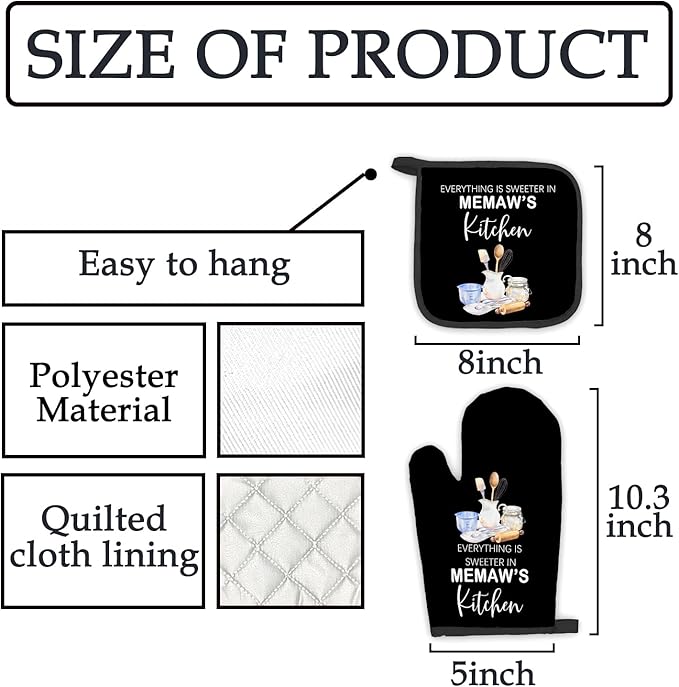 Memaw Gifts Oven Mitts and Pot Holders Sets, Gifts for Grandma from Grandkids, Sweeter in Memaw's Kitchen Heat Resistant Oven Glove Potholders for Baking