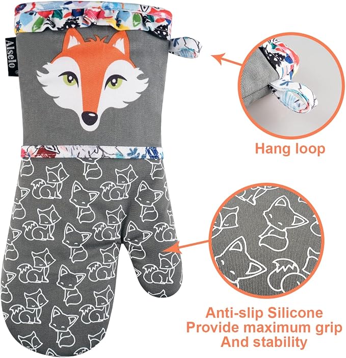 Oven Mitts, Heat Resistant Kitchen Mittens with Soft Quilted Cotton Lining Set of 2, Fashion Animal Design with Silicone Printing Anti-Slip Gloves for Baking Cooking Barbecue (Gray 2)