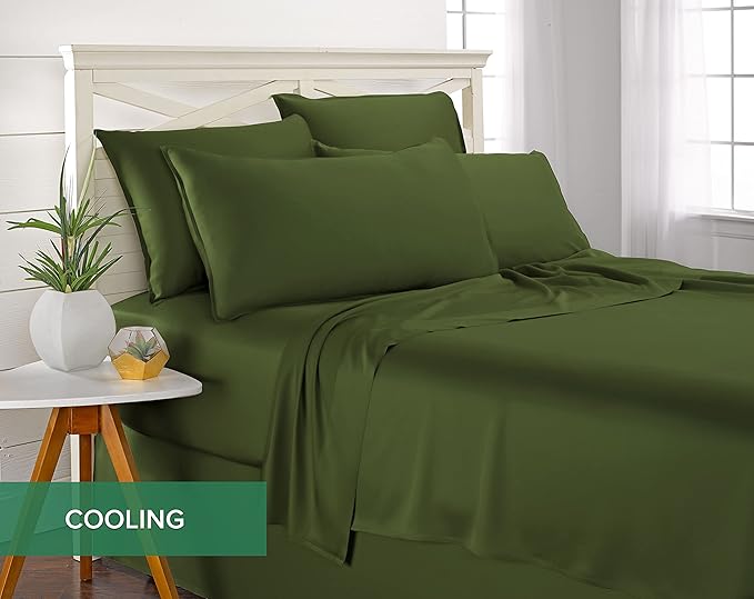 Pure Bamboo Split King Sheets, Genuine 100% Organic Viscose Derived from Bamboo Bed Sheet Set, Soft & Cooling, Double Stitching, 2 Fitted Sheets (Split King, Pesto)