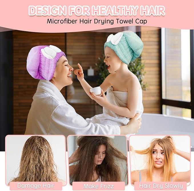 Kldnkig Microfiber Hair Drying Caps, 5-Pack Extra Soft and Ultra Absorbent Fast-Drying Hair Turban Wraps, Shower Caps for Girls and Women with Cute Bowtie Design（11" L x 10" W）