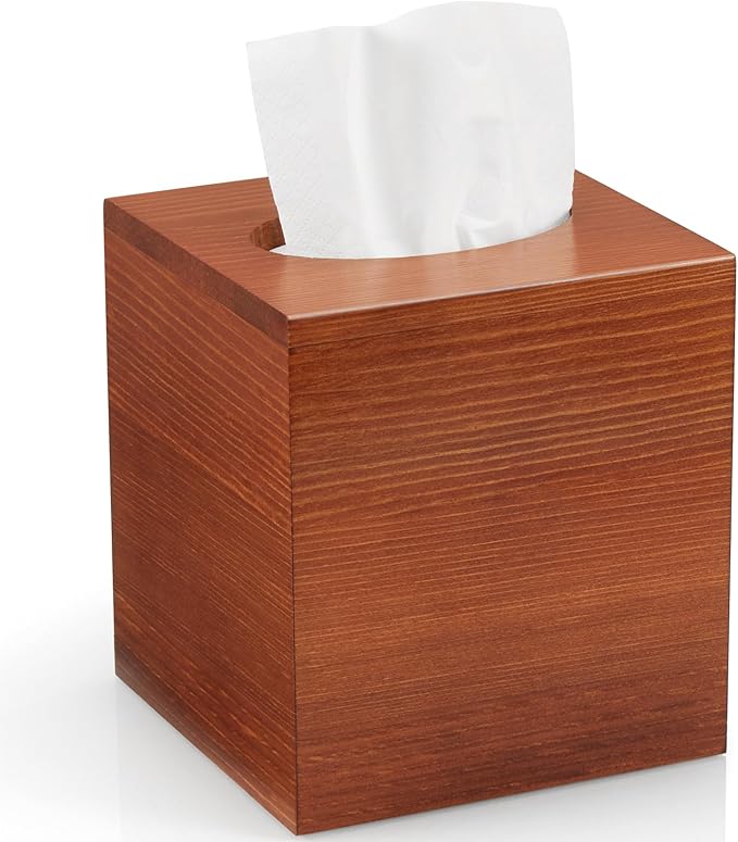 GCWSTJK Tissue Box Cover Square, Cube Wooden Tissue Box Holder, Decorative Facial Tissue Dispener for Vanity Toilet Tank Dresser Nights Stand Kitchen Table Countertop Office, Brown