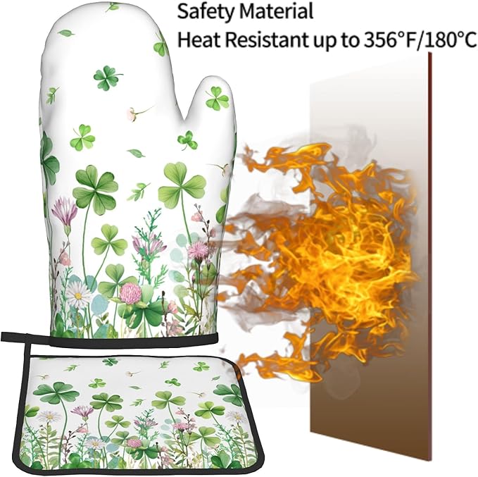 Shamrock Green Oven Mitts and Pot Holders 2Pcs, Spring Green Leaf Daisy Floral Chef Cooking Baking Gifts Oven Gloves Hot Pads Farmhouse Kitchen Accessories for BBQ Cooking Baking