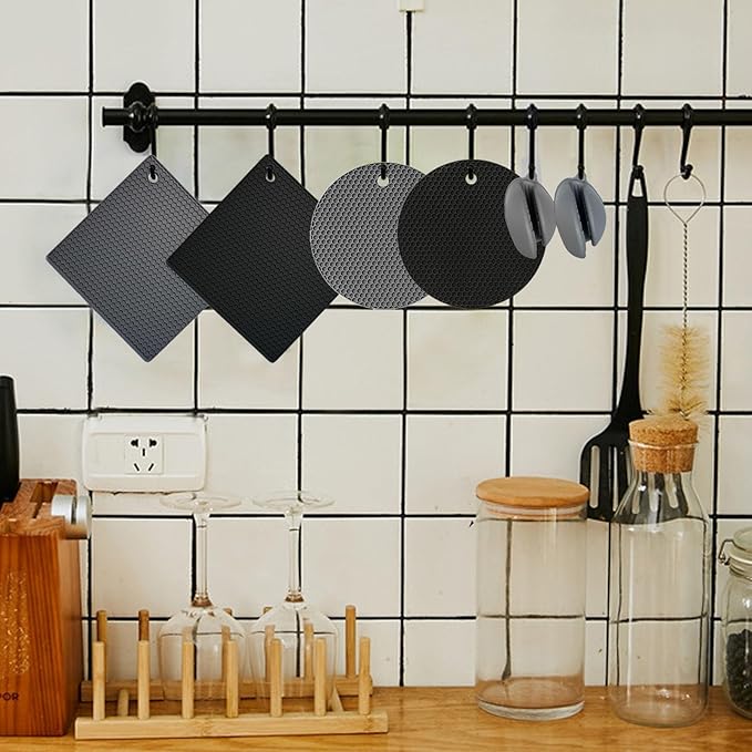 Silicone Trivet Pot Mat and Oven Mitts Sets | Heat Resistant Pot Holder and Mini Non-Slip & Flexible Oven Gloves for Kitchen Baking Cooking, Black