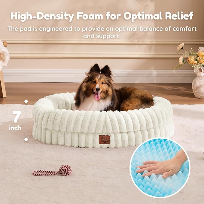 ChiXnuggle Dog Bed Medium Sized Dog - Luxury Striped Faux Fur Waterproof Pet Couch with Removable Washable Cover, Orthopedic Pet Bed with Bolster Sides for Sleeping, Cream