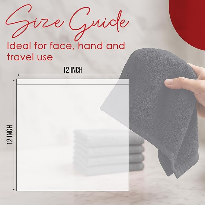 RIVERSIDE 12 Pack Washcloths - 12x12 Inches, 500 GSM, 100% Ring-Spun Cotton - Soft, Absorbent & Durable Face and Body Towels - for Bathroom, Spa, Gym, Makeup Removal & Everyday Use - Charcoal