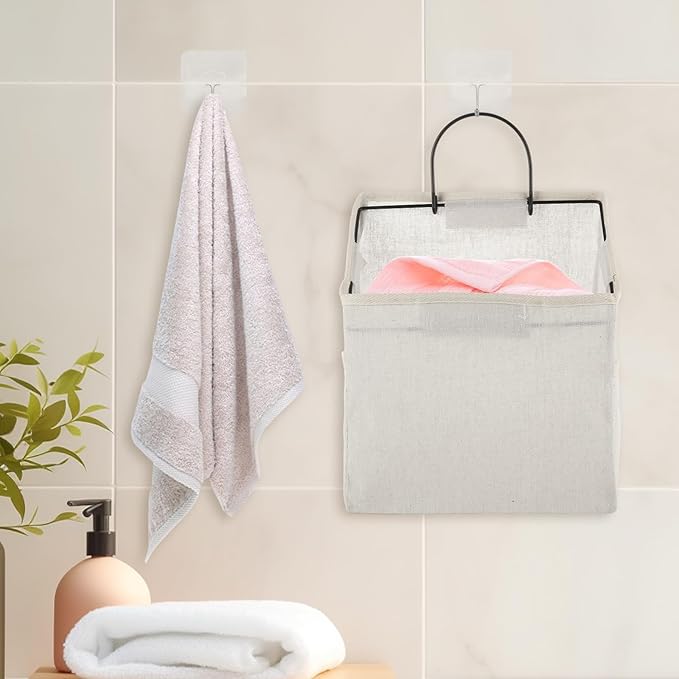 STARVAST 8Pcs Wall-Hanging Storage Bags, Desktop Organizer Basket, Door Organizer Basket, Bathroom Closet Hanging Storage Bag Waterproof Linen Cotton for Kitchen, Bedroom, Living Room, 8Hooks(White)