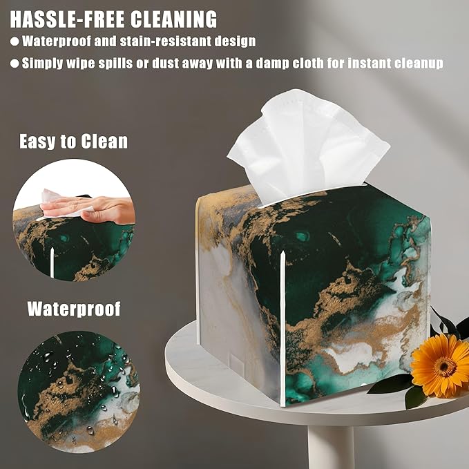 BLYKVGHQ Square Tissue Box Cover Teal and Gold Marble Tissue Box Holder Facial Cube Paper Dispenser Leather Decorative Organizer Home Office Desk Decor, 5.2"x5.2"x5.2"