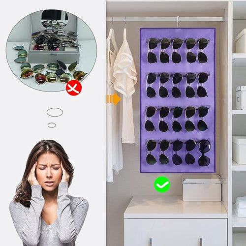 ANZORG Dual Sided Hanging Sunglasses Organizer Wall Mounted Glasses Rack Storage Eyeglasses Holder Eyewear Display Case with 40 Slots (40 Slots-Purple)