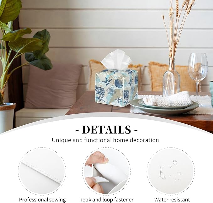 POIUBLE Tissue Box Holder Corals and Seashells Tissue Box Cover Square Leather Tissue Holder Organizer Portable Decorative Facial Paper Case for Home Office Bathroom Vanity Countertop