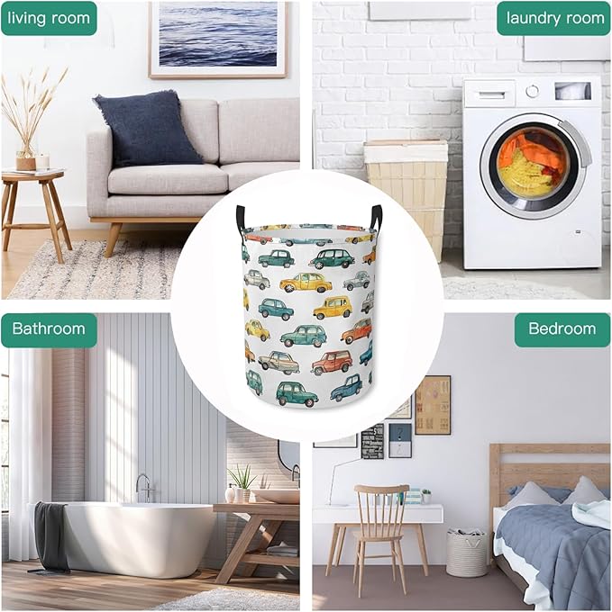 Laundry Basket Watercolor Cars Collapsible Laundry Hamper with Handles Clothes Storage Bin for Household Bedroom Bathroom College Dorms