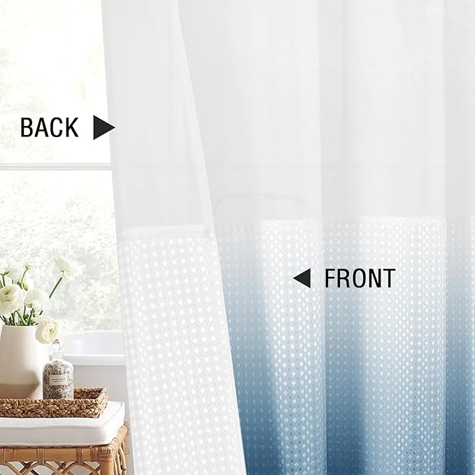 Gibelle Waffle Weave Shower Curtain with Mesh Top Window and Hooks Set, Spa Like Hotel Style Fabric Shower Curtain for Bathroom, Ombre Blue, 72x72