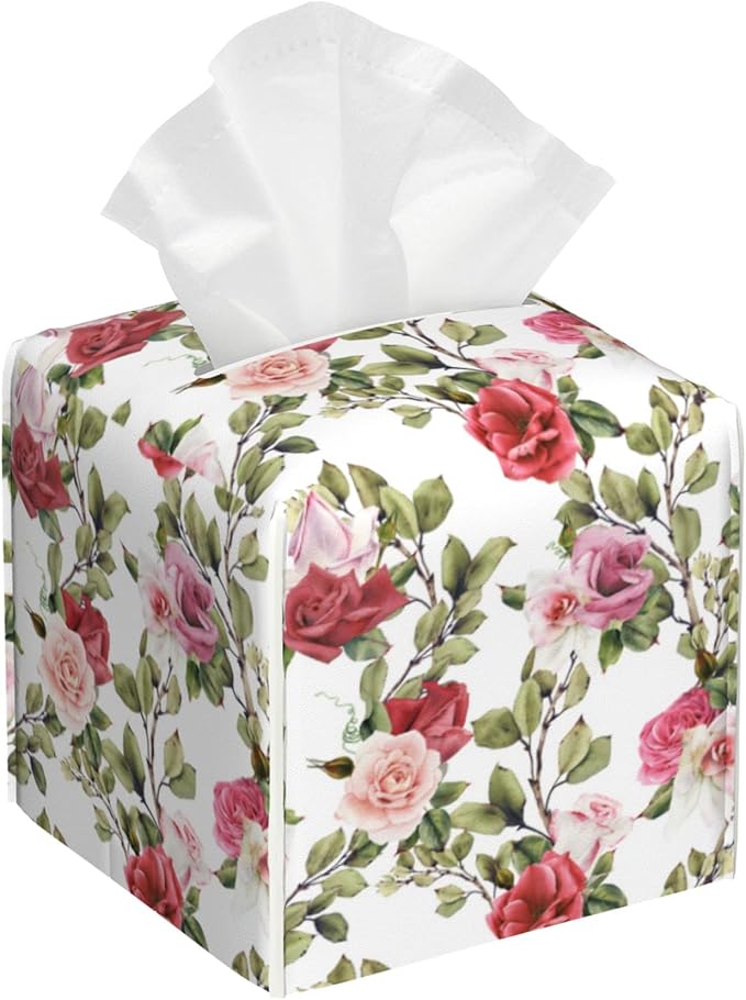 BLYKVGHQ Watercolor Rose Flower Tissue Box Cover Square, Tissue Box Holder with Bottom Belt Leather Facial Paper Organizer Dispenser for Bathroom Bedroom Dresser Night Stand Tabletop