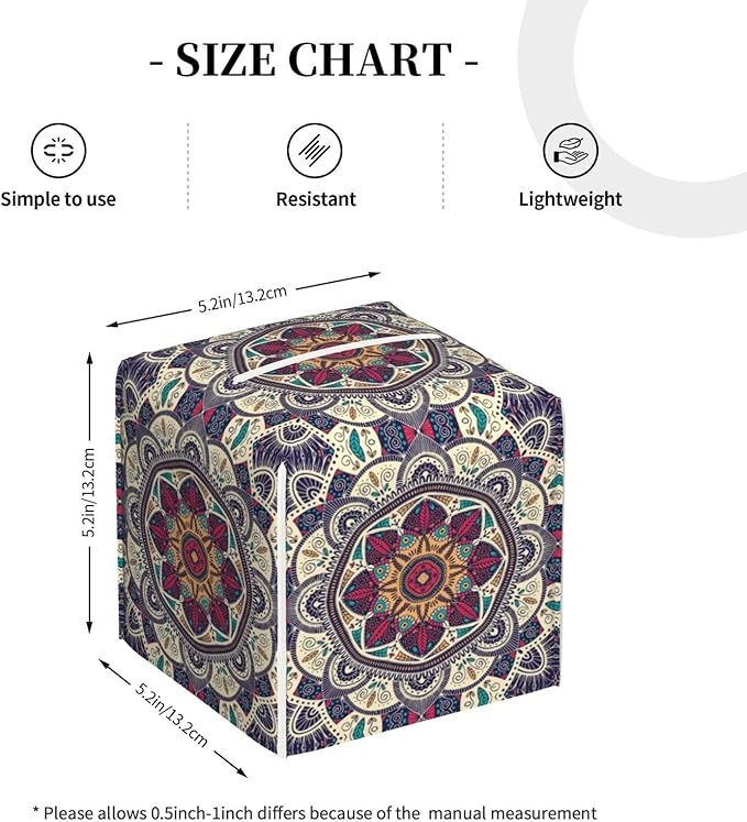 PVC Tissue Box Cover Holder,Mandala Square Decorative Organizer,5.2"X5.2"X5.2"Tissue Case for Bathroom,Tabletop,Car,Office