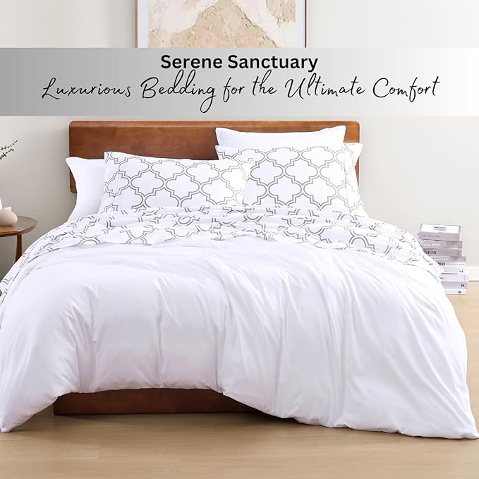 LANE LINEN 100% Organic Cotton Printed Sheets Queen Size Bed Set, Fade Resistant Fully Elasticized Reinforsed Seam in Fitted Sheets Pocket, Avaialbe in Variety of Prints- Trellis Silver