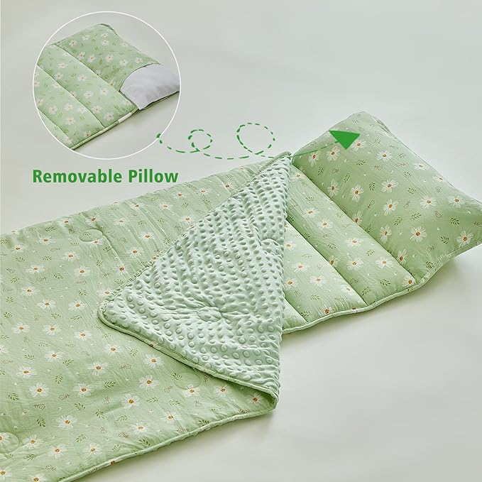 Floral Toddler Nap Mat with Zipper,Detachable Minky Blanket and Removable Pillow,Soft Slumber Bags for Girls,Kids Sleeping Bag for Daycare Preschool Kindergarten,Flower Toddler Sleeping Mat - Green