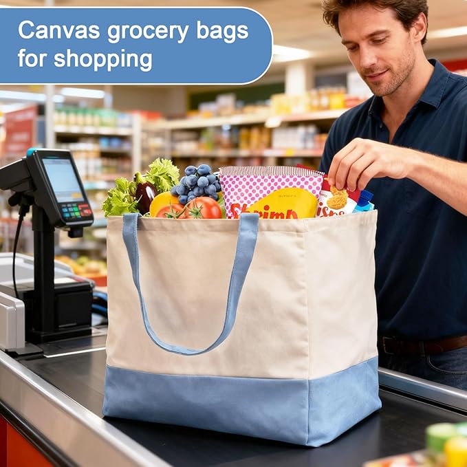 CNaiyunpin Reusable Grocery Bags Heavy Duty, 8.3 gal Foldable Large Canvas Tote Bag with Handles, Holds 60 lbs Canvas Shopping Bags, 1 Pack（Off White+Light Blue）