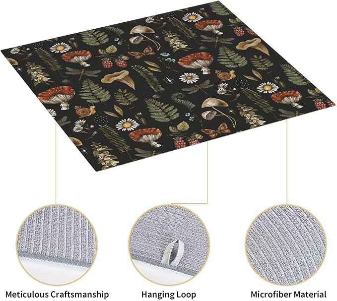 Mushroom Oven Mitts Pot Holders Set of 4 + Dish Drying Mat 16x18 Inch Vintage Magic Leaf for Kitchen