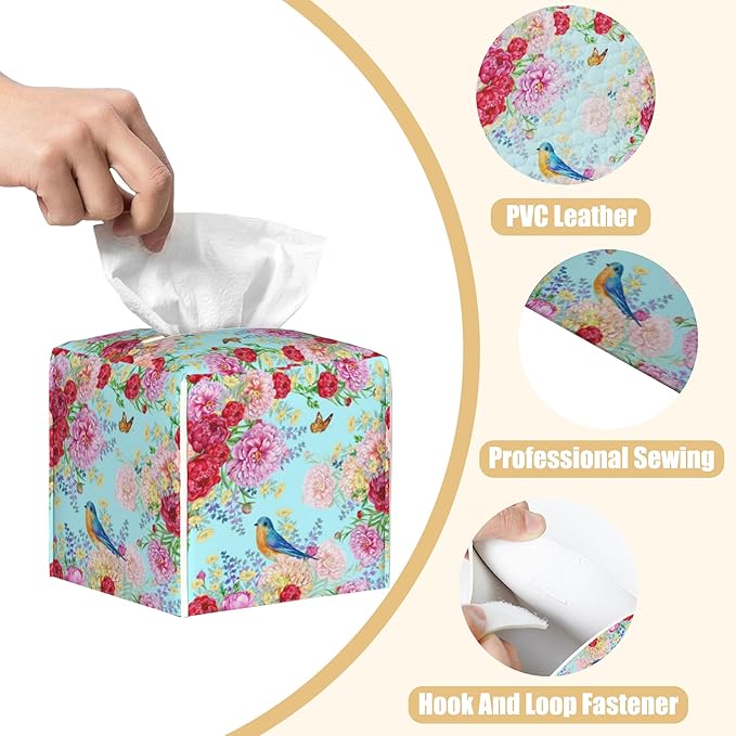 BLYKVGHQ Butterfly Square Tissue Box Cover Blue Bird and Peony Flower Tissue Box Holder Facial Cube Paper Dispenser Leather Decorative Organizer Home Office Desk Decor, 5.2"x5.2"x5.2"