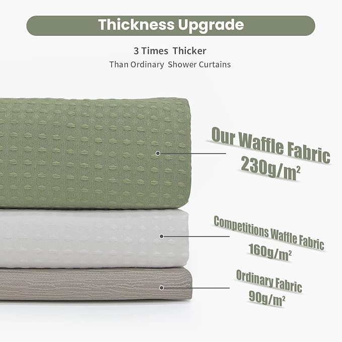 Inhousolu Fabric Shower Curtain Waffle Weave, Sage Green 230 GSM Heavy Duty, Weighted Hem, 12 Metal Hooks, Water Repellent, Machine Washable, Hotel Spa Luxury Bath Curtain Set, 60 x 72 Inch