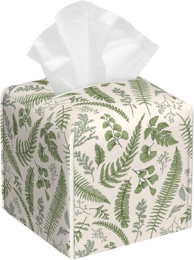 POIUBLE Tissue Box Holder Leaves and Herbs Tissue Box Cover Square Leather Tissue Holder Organizer Portable Decorative Facial Paper Case for Home Office Bathroom Vanity Countertop