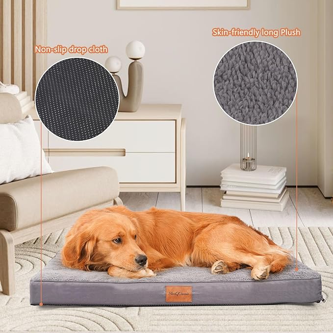 Waterproof XXL Dog Beds for Large and Jumbo Dogs - Orthopedic Dog Bed Washable Crate Pad, Egg Crate Foam Pet Bed Mat with Removable Cover, Anti-Slip Kennel Pad, 47''×29'', Grey