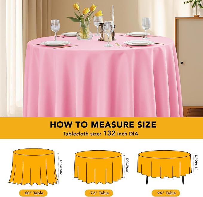 6-Pack Pink Round Tablecloths, 132 Inches, Stain-Resistant Polyester for 6-8 Ft Round Tables - Washable Table Covers for Weddings, Banquets, Birthday Parties, Events
