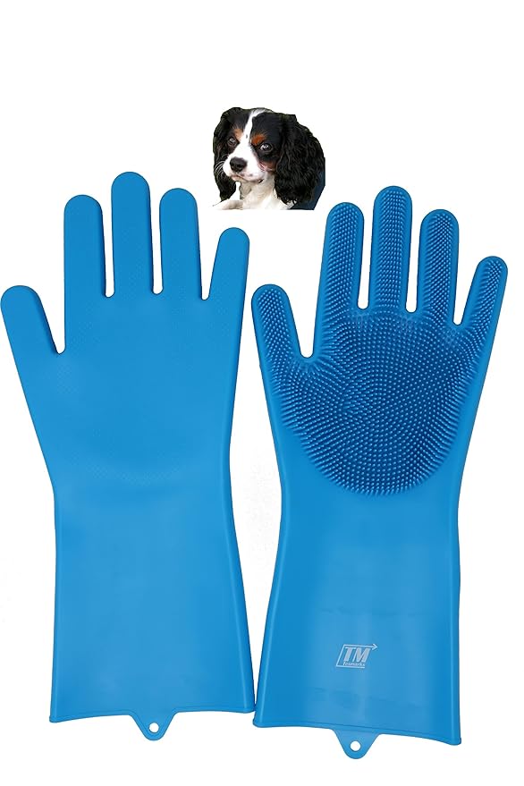 Tesmarks Pet Grooming Gloves - Hair Removal, Massage, and Bathing Shampoo Gloves in Blue