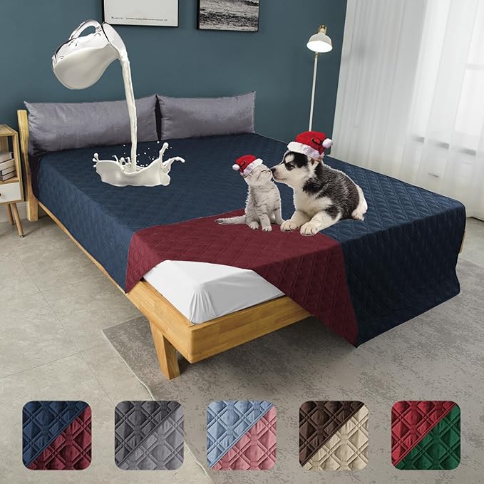 Topthumbs 100% Waterproof Dog Bed Cover 86x82 inch Reversible Changing Pad Reusable Camping Mat for Kids/Pet/Dog/Cat Washable Geometric Embroidery Blanket Patchwork Navy+Burgundy