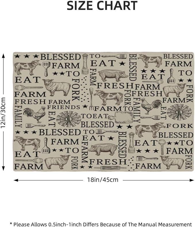 Farm Placemats, Cartoon Vintage Brown Windmill Farmhouse Cow Sheep Rooster Pig Animal Print Washable Fabric Placemats Table Kitchen Dining Party 12x18 Inch Set of 4