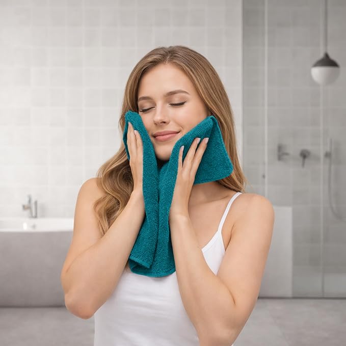 RIVERSIDE 12 Pack Premium 100% Cotton Face Wash Cloths, 12 x 12 Inches, Soft & Absorbent Face Towels for Bathroom Wash Clothes, 550 GSM, Luxury WashCloths for Showering, Body, Spa & Gym, Teal