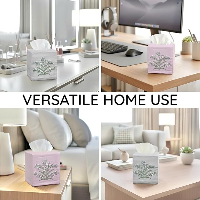 EmbroideryLinen.VN Tissue Box Cover Set of 2, Square Linen Tissue Holder, French Knot Hand Embroidered Floral Design, 4.5x4.5x5.5 Inches, Decorative for Bathroom, Living Room, Office (Grey & Pink)
