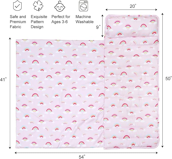 david's kids Toddler Nap Mat Set with Removable Pillow, Ultra Soft Slumber Bags for Girls，Perfect for Preschool, Daycare, Kids Sleeping Bags with Rollup Design, 50"x20", Rainbow