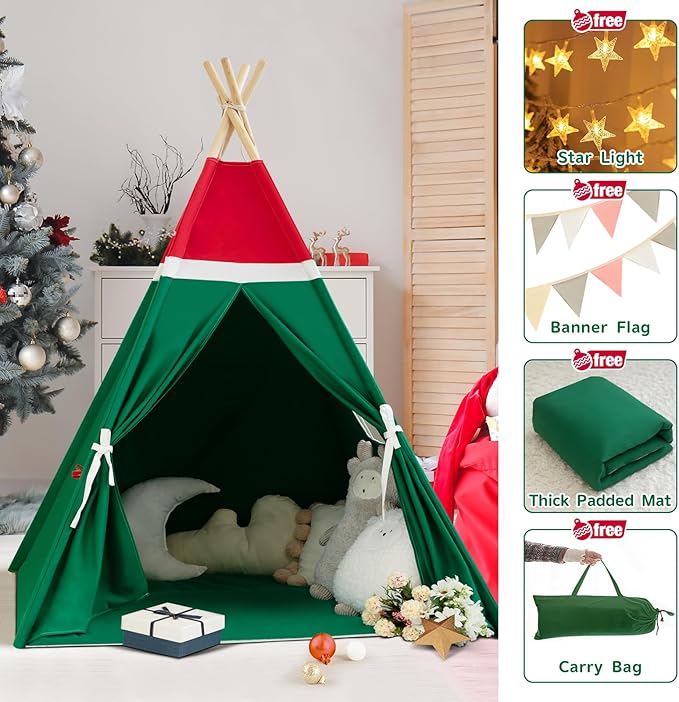 WIRHAO Christmas Tent for Kids with Padded Mat Cotton Canvas Teepee Tent Indoor for Toddlers Kids Play Tent for Girls Boys with Stars Lights, Carry Bag, Banner Flag (Merry Christmas)