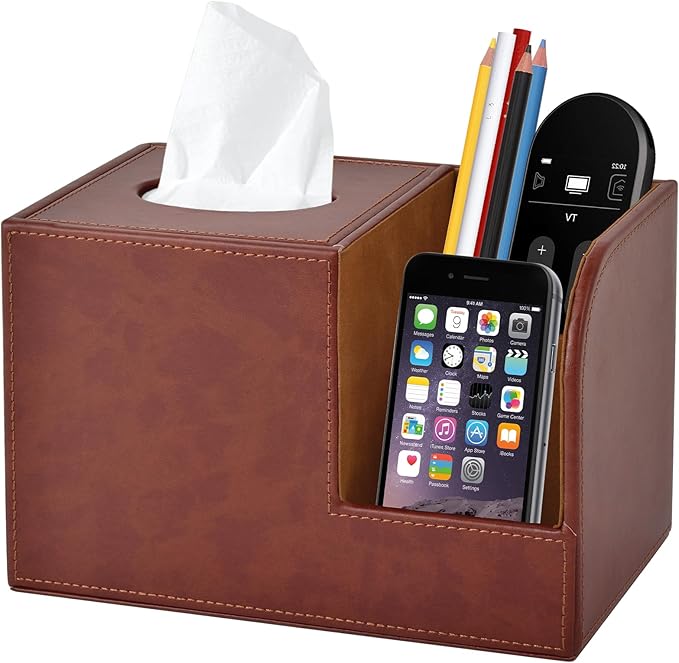 XNONE PU Leather Square Tissue Box Cover,Multifunctional Tissue Box Holder,Tissue Box with Storage,Tissue and Remote Control Holder,Tissue Box Decorative Desk Organizer for Home&Office,Brown