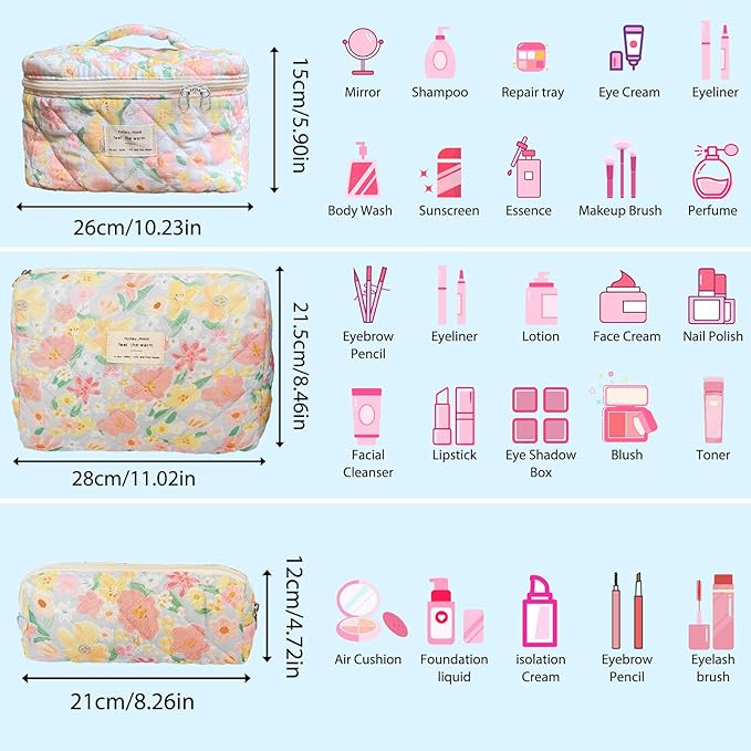 Cozomga Quilted Makeup Bag, Large Capacity Travel Cosmetic Bag for Women and Girls, Aesthetic Storage for Daily and Travel Use (3pcs-floweroilpainting Print)