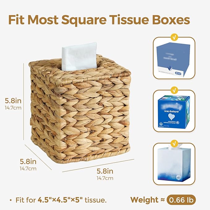 KALEKAIL 2 Pack Rattan Tissue Box Cover, Wicker Tissue Box Holder Square, Boho Decorative Woven Water Hyacinth Cube Tissue Holders for Bathroom Living Room Kitchen