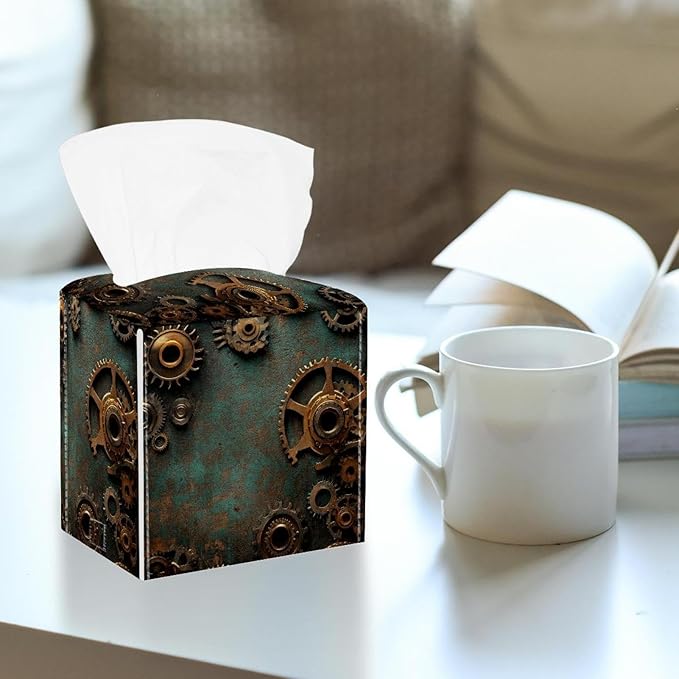 Set of 2 Tissue Box Cover, Steampunk Gears Background (1) Tissue Box Holder, Facial Napkin Dispenser for Bathroom Kitchen Bedroom Office Hotel