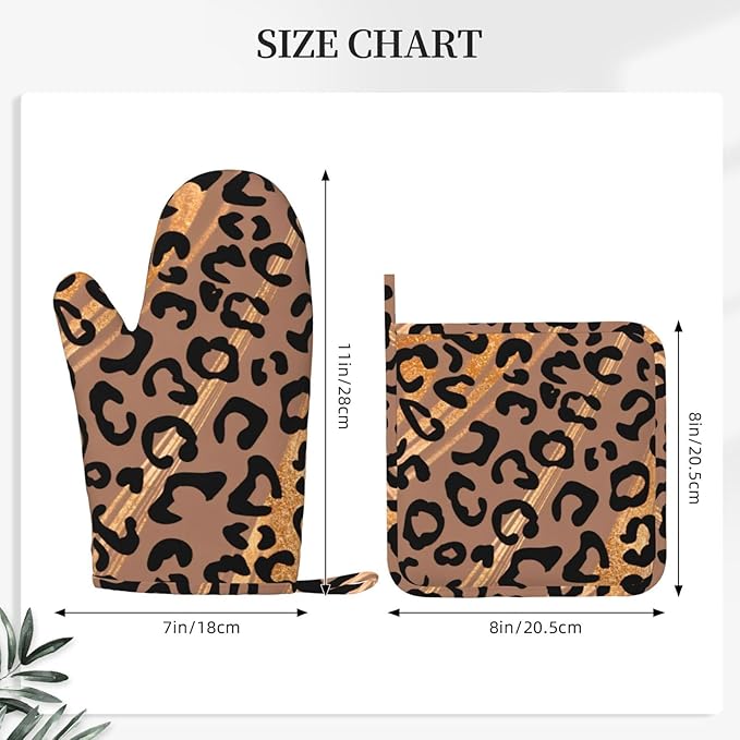 Silicone Oven Mitts and Pot Holders Sets, Home Golden Leopard Print Heat Resistant BBQ Gloves for Kitchen Baking Cooking Grilling Microwave