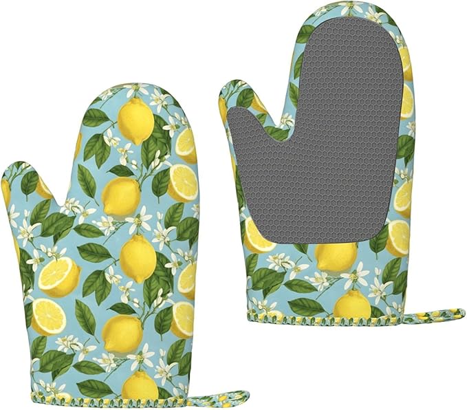 Heat Resistant Oven Mitts 2 Pack, 500°F Silicone Oven Gloves with Non-Slip Grip, Soft Quilted Cotton Lining for Baking, Grilling, BBQ, Cooking (Lemon)