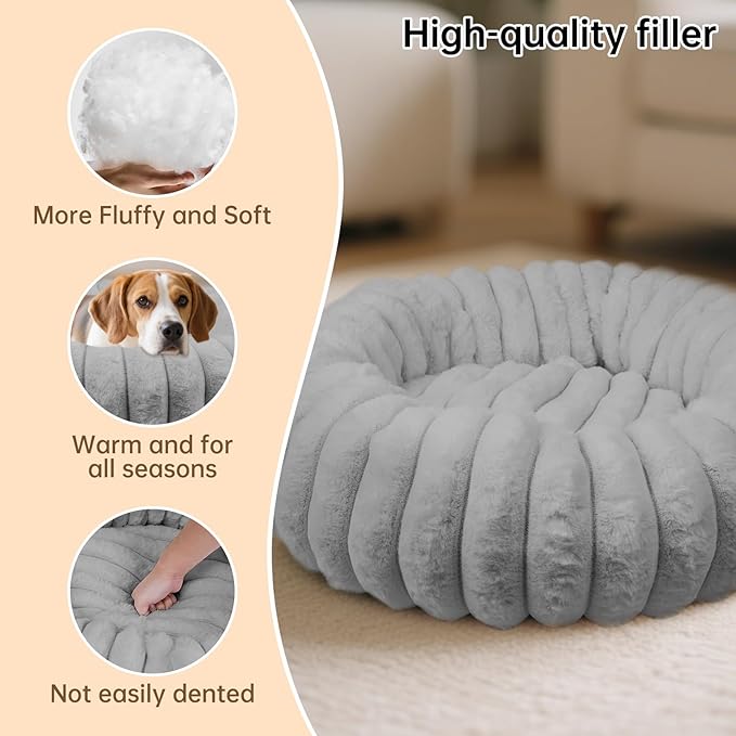 Vhen When Donut Dog and Cat Bed, Luxurious Comfortable Faux Rabbit Fur Pet Beds, Round Anti-Anxiety Calming Puppy Kitten Bed with Anti-Slip Bottom for Small Medium Dogs & Cats(31", Grey)