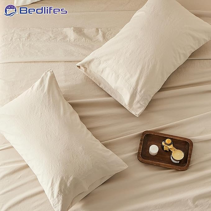 Bedlifes 100% French Pure Linen Sheets California King Size Breathable and Cooling Flax Sheet Set Soft Durable and Moisture Wicking 16 Inch Deep Pocket-4 Piece(Cal King,Linen)