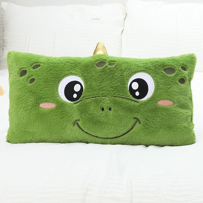 Snugtown Stuffed Animal Lumbar Pillow, Super Soft Plush Cuddle Throw Pillow for Kids, Cute Dinosaur Shaped Pillow, 12 x 24 Inches, Green
