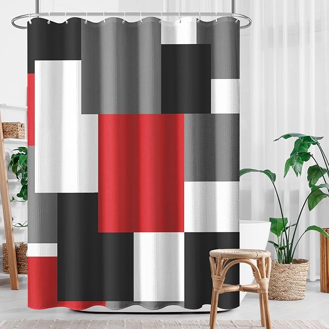 Culudea Geometric Red White Shower Curtain Set, Black and Gray Modern Bathroom Window Waterproof Shower Curtain Set for Bathroom Decor