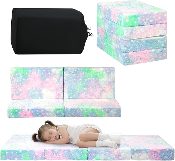 MeMoreCool Foldable Floor Mattress for Kids, Glow Toddler Nap Mat for Sleeping and Daycare, Portable Trifold Futon Mattress Floor Bed, Star