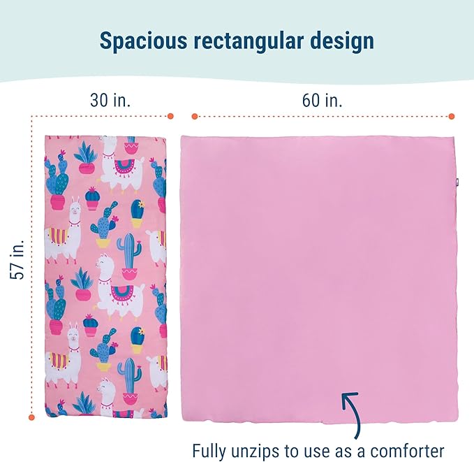 Wildkin Kids Sleeping Bag – Roll-Up Design with Storage Bag for School, Travel & Camping - Llamas and Cactus Pink